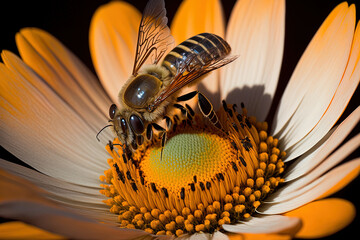 A honey bee is shown closely working to obtain nectar from an African daisy blossom. Generative AI