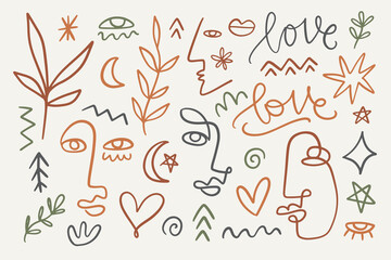 Minimalistic one line drawing Boho elements set