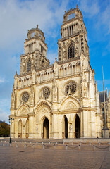 Fototapeta premium Facade of the historic Orleans 'Sainte-Croix Cathedral' in Orleans nestled in the Loire Valley at sunset