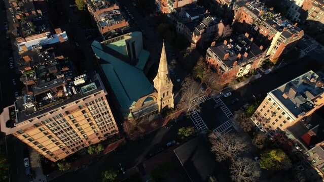 The First Church of Boston in Boston, Massachusetts - tilt down aerial view