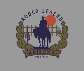 cowboy riding horse vector illustration, western cowboy design with typography, western desert design 