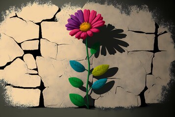 close-up of a brightly coloured flower set against a neutral coloured stone or concrete wall (AI Generated)