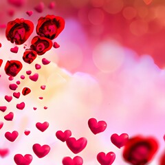 Obraz premium Valentine's Day background with floating roses and hearts, Generative AI Illustration