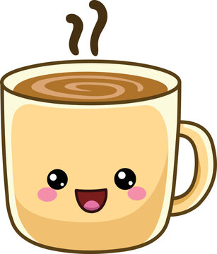 Happy hot coffee mug in a kawaii style