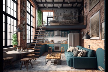 Cozy spacious industrial loft style apartment interior with exposed brick walls and panoramic large windows