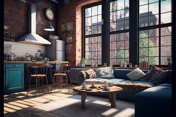 Concept art illustration of apartment living room interior in New York city