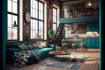 Industrial loft living room interior with sofa,chair and brick wall 