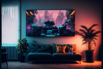 Cyberpunk stlye living room interior design 