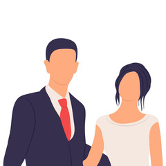 portrait of bride and groom in flat style, isolated vector