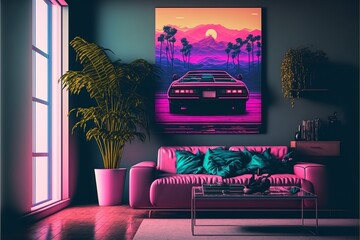 Cyberpunk and modern style living room interior with neon lights in California 