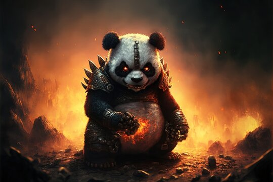 evil bad panda on fire illustration generative ai