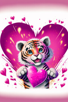 Happy tiger with hearts around. Valentine's Day. AI generated
