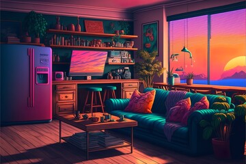 Colorful synthwave apartment interior in the West Coast 