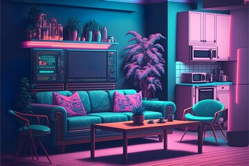 Synthwave 80's vibes apartment interior illustration