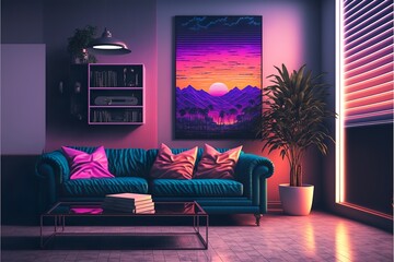 Cyberpunk colorful living room interior with plants and couch