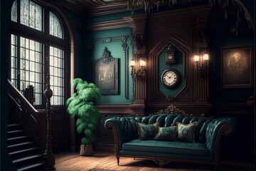 Dark academy-style gothic luxury mansion interior with wooden wall