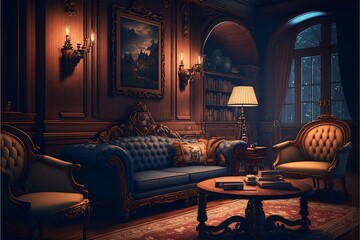 Cozy and warm dark academic gothic victorian style luxury mansion interior 