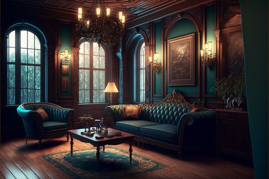 Dark academy-style luxury mansion interior 