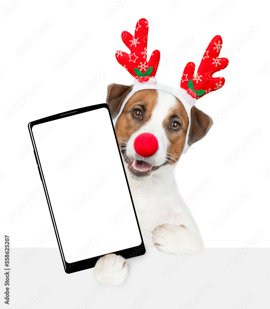 Poster jack russell terrier puppy dressed like santa claus reindeer rudolf holds big smartphone with empty 
