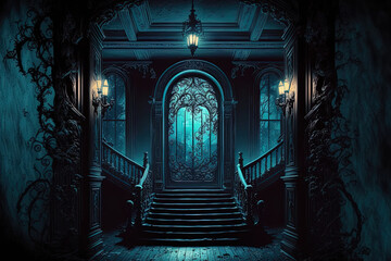 Wallpaper for the nighttime inside a haunted mansion with a Halloween theme. Generative AI - obrazy, fototapety, plakaty