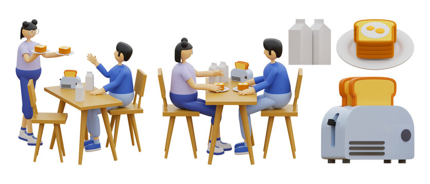 breakfast woman and man illustration 3d set