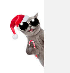 Happy cat wearing red santa hat holds candy cane and looks from behind empty white board. isolated on white background