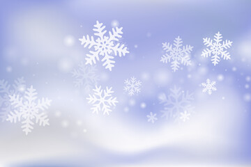 Fototapeta na wymiar Magic falling snowflakes composition. Winter fleck freeze granules. Snowfall sky white blue background. Bokeh snowflakes december theme. Snow nature landscape.