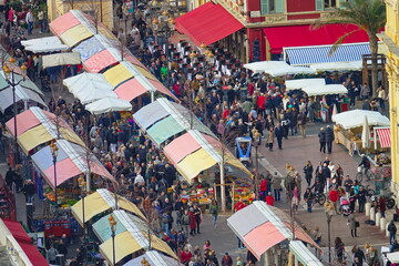 Above view of Cours Saleya market in Nice famous for its flower, vegetable, spice and fish markets. Nice, France - December 2022