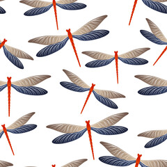 Dragonfly ornamental seamless pattern. Summer dress fabric print with darning-needle insects.