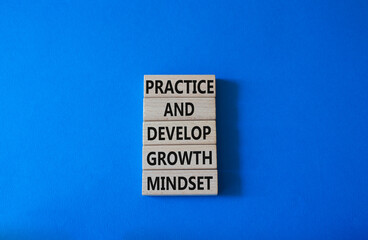 Practice and Develop growth mindset symbol. Wooden blocks with words Practice and Develop growth mindset. Beautiful blue background. Business concept. Copy space