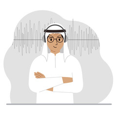 Muslim man in headphones and a sound track. Concept of online podcast, radio, online books, online learning and music.
