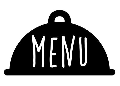 recommend clip art: Logo de restaurante. Icono aislado con silueta de bandeja de comida con tapadera con palabra en texto manuscrito MENU