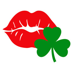 Día de San Patricio. Beso irlandés. Silueta aislada de labios con shamrock de 3 hojas