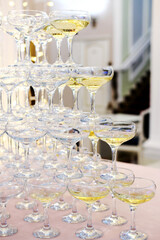 Pyramid of empty and filled with champagne glasses against the backdrop of the interior of the hall