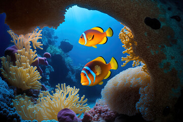 Fototapeta na wymiar View of coral fish, underwater diving, and a clown fish in a coral reef. Generative AI