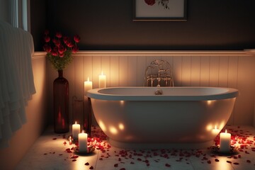Experience romance at its finest with a candlelit bath in a white tub filled with rose petals and warm water, romantic and sweet saint valentine's night concept, design bathroom, roses, generative ai 