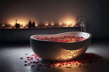 Experience romance at its finest with a candlelit bath in a white tub filled with rose petals and warm water, romantic and sweet saint valentine's night concept, design bathroom, generative ai 