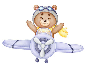 Bear pilot children's watercolor illustration © ekkoss