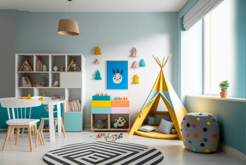 Interior of modern children's room with stylish furniture and toys, Kids play room, kids bed room, Children's hut, play tent and toys