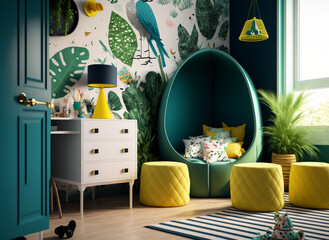 Interior of modern children's room with stylish furniture and toys, Kids play room, kids bed room, Children's hut, play tent and toys