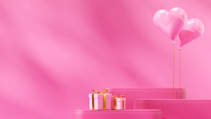 3d render image scene mockup pink color podium in landscape gift box, heart shaped baloon valentine