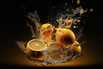 Fototapeta na wymiar Several air bubbles and fresh yellow lemon halves splashing in water over a dark backdrop. Generative AI