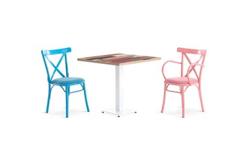 Cafe restaurant chair , background is white , pink and turquoise color 