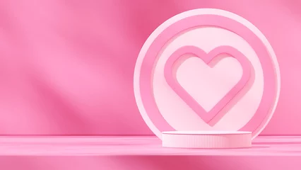 Fotobehang Fluor Roze template mockup white round podium in landscape heart shape backdrop valentine day 3d image render  © Faustudio