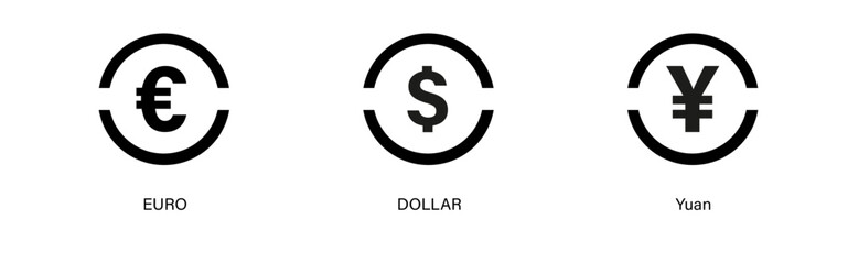 Money symbol inside two half circle : Dollar icon, euro icon, yuan icon.