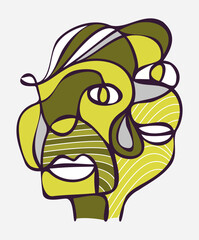 Contemporary hand drawn line art of surreal face portrait.