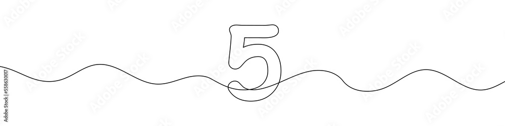 Poster number 5 in continuous line drawing style. line art of number five. vector illustration. abstract dr
