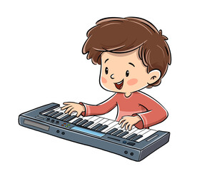 Boy playing piano in music class