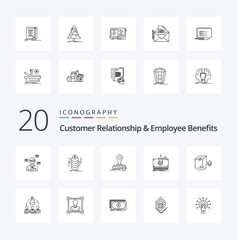 20 Customer Relationship And Employee Benefits Line icon Pack. like box. medical. coins. dollar. logo