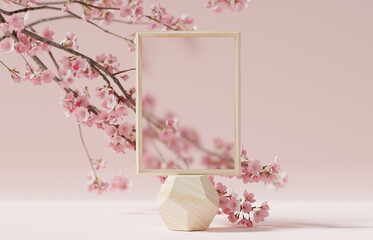 3D background, beige podium, wood display with frame. Sakura pink flower tree branch. Cosmetic or beauty product promotion step floral pedestal. Abstract minimal advertise. 3D render spring mockup. © kopikoo